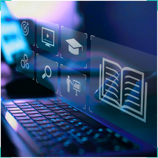 keyboard with floating icons above to represent instructional design